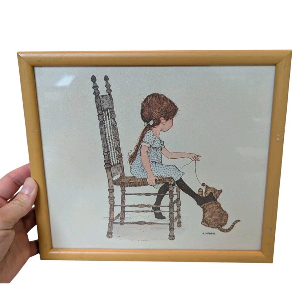 Vintage Framed Holly Hobbie Print Girl Playing With Cat 9" x 10"